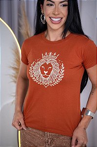 TSHIRT FEMININA ALGODÃO LEÃO COM STRASS / TERRA COTA