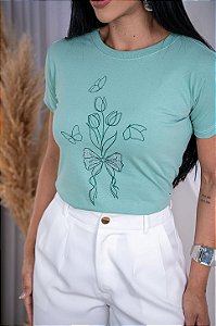 TSHIRT FEMININA ALGODÃO RAMOS COM LAÇO STRASS / VERDE AGUA BEBE