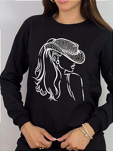 CONJUNTO MOLETOM COMFORT COUNTRY MULHER CHAPEU STRASS/ PRETO