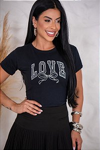 TSHIRT FEMININA ALGODÃO LOVE STRASS / PRETA