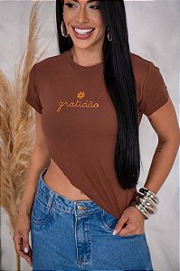 TSHIRT FEMININA ALGODÃO GRATIDÃO / MARROM