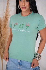 TSHIRT FEMININA ALGODÃO 3 FLORES / VERDE MENTA