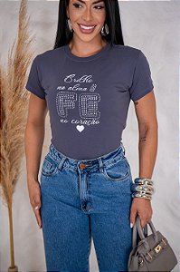 TSHIRT FEMININA ALGODÃO FÉ STRASS / CINZA CHUMBO