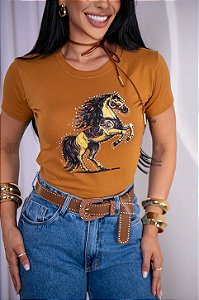 TSHIRT FEMININA ALGODÃO COUNTRY CAVALO COM STRASS / CARAMELO