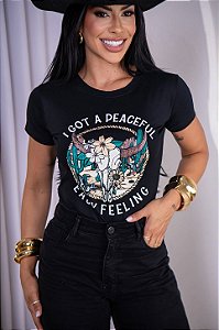 TSHIRT FEMININA ALGODÃO COUNTRY CABEÇA CACTOS FLOR / PRETA