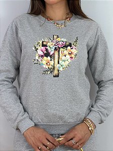 BLUSA MOLETOM COMFORT CRUZ COM FLORES / MESCLA
