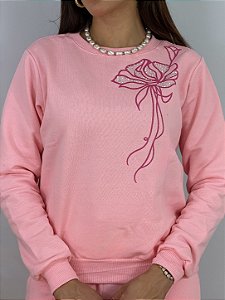 BLUSA MOLETOM COMFORT FLOR NA LATERAL / ROSA BEBE
