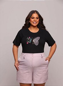 TSHIRT PLUS SIZE FEMININA BORDADA SEJA FORTE E CORAJOSA / PRETA