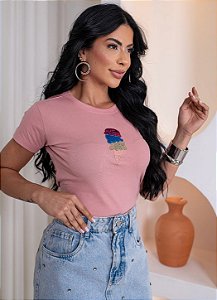 TSHIRT FEMININA ALGODÃO APLICAÇÃO SORVETE / ROSA SECO