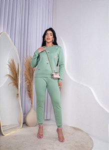 CONJUNTO MOLETOM COMFORT FLORZINHAS / VERDE MENTA