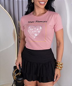 TSHIRT FEMININA ALGODÃO MORE FLOWERS CORAÇÃO / ROSA SECO