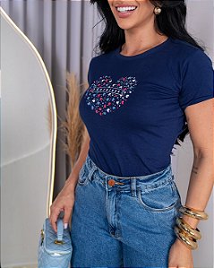 TSHIRT FEMININA ALGODÃO CORAÇÃO CORAJOSA / AZUL MARINHO