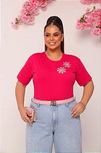 TSHIRT PLUS SIZE FEMININA APLICAÇÃO DUAS FLOR / PINK