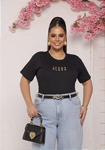 TSHIRT PLUS SIZE FEMININA JESUS ALTO RELEVO / PRETO