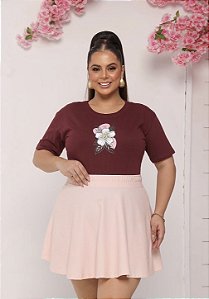 TSHIRT PLUS SIZE FEMININA FLOR COM PEROLA / MARSALA