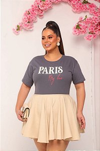 TSHIRT PLUS SIZE FEMININA PARIS MY LOVE / CINZA CHUMBO