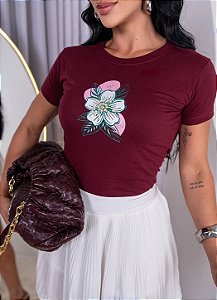 TSHIRT FEMININA ALGODÃO FLOR COM PEROLAS / MARSALA