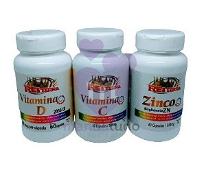 Kit Saúde: Vitamina C, Vitamina D e Zinco 500mg Rei Terra - 180 caps