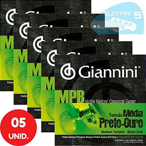 Encordoamento Para Violão Nylon Giannini MPB Tensão Média Preto-Ouro GENWBG - Kit Com 5 Unidades