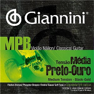 Jogo De Cordas Para Violão Nylon Giannini MPB Tensão Média Preto-Ouro GENWBG (Com Bolinha)