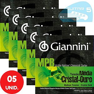 Encordoamento Para Violão Nylon Giannini MPB Tensão Média Cristal-Ouro GENWG - Kit Com 5 Unidades