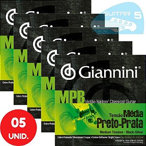 Encordoamento Para Violão Nylon Giannini MPB Tensão Média Preto-Prata GENWBS - Kit Com 5 Unidades