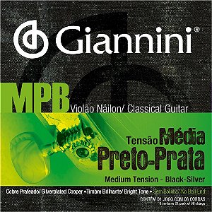 Jogo De Cordas Para Violão Nylon Giannini MPB Tensão Média Preto-Prata GENWBS (Sem Bolinha)