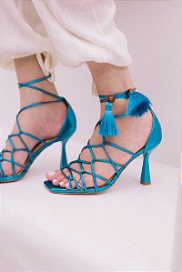 Sandália Azul Celeste Franja Cetim