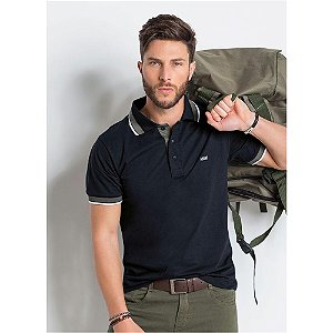 Camisa Polo Preta com Manga e Gola Contrastante