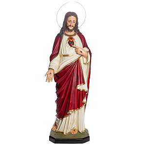 Imagem Sagrado Coração De Jesus 130cm Resina c/ Olhos De Vidro e Aro Folheado a Ouro
