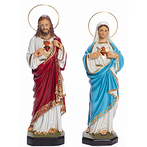 Conjunto Sagrado Coração de Jesus e Imaculado Coração de Maria 31cm | Resina | c/ Aro Folheado