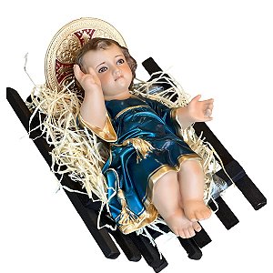 Imagem Menino Jesus 26cm C/ Olhos de Vidro Manjedoura Azul | Resina