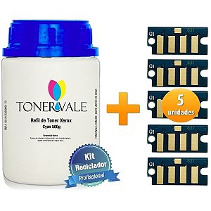 Kit Toner Refil + 5 Chip Toner Xerox Phaser 6000 WC 6015 6010 - 106R01631 Ciano de 500g