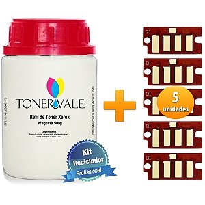 Kit Toner Refil + 5 Chip Toner Xerox Phaser 6000 WC 6015 6010 - 106R01632 Magenta de 500g