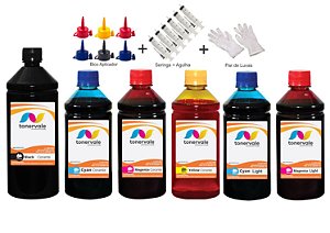 Kit 6 Tinta Epson R200 T048120 a 486 CMYK de 1 Litro Black e 500ml Color Linha Platinum