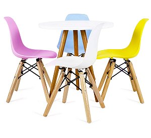 Mesa Infantil Branca 50cm Redonda Trípe + 4 Cadeiras Eiffel Colorido