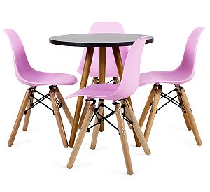 Mesa Infantil Preta 50cm Redonda trípe 4 Cadeiras Eiffel Rosa-Bebê