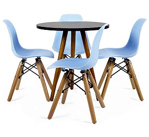 Mesa Infantil Preta 50cm Redonda trípe 4 Cadeiras Eiffel Azul Claro