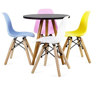 Mesa Infantil Preta 50cm Redonda Trípe 4 + Cadeiras Eiffel Colorido