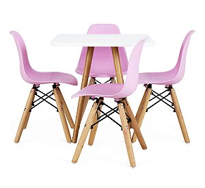 Mesa Infantil Branca 50cm Quadrada trípe 4 Cadeiras Eiffel Rosa-Bebê