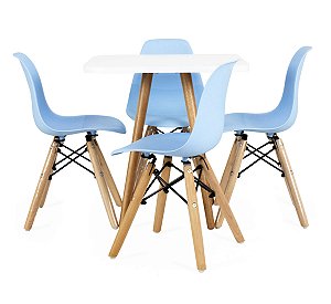 Mesa Infantil Branca 50cm Quadrada trípe 4 Cadeiras Eiffel Azul Claro