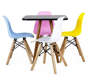 Mesa Infantil Preta 50cm Quadrada Trípe 4 + Cadeiras Eiffel Colorido