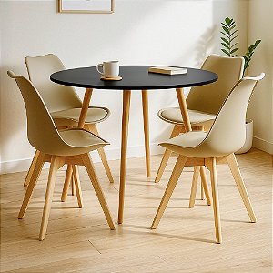 Mesa de Jantar Redonda Sofia 100cm Preta com 4 Cadeiras Siena Nude