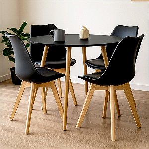 Mesa de Jantar Redonda Sofia Preta 100cm com 4 Cadeiras Siena Preta
