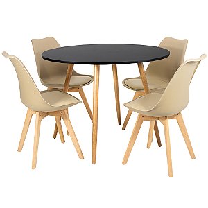 Mesa de Jantar Redonda Sofia 90cm Preta com 4 Cadeiras Siena Nude