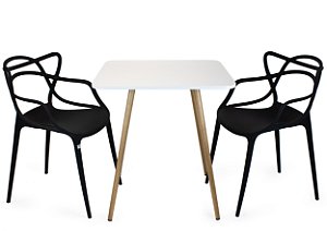 Mesa Quadrada Sofia 70cm Branca com 2 Cadeiras Allegra Preto