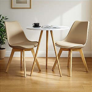 Mesa Redonda Tripé 70cm Branca com 2 Cadeiras Siena Nude