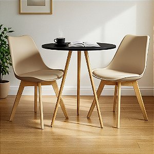 Mesa Redonda Tripé 70cm Preta com 2 Cadeiras Siena Nude