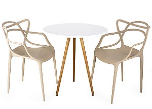 Mesa Redonda Tripé 70cm Branca com 2 Cadeiras Allegra Nude