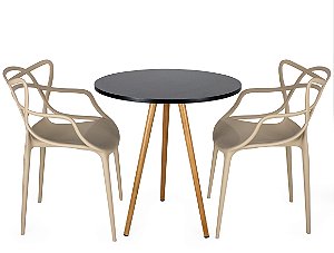 Mesa Redonda Tripé 70cm Preta com 2 Cadeiras Allegra Nude